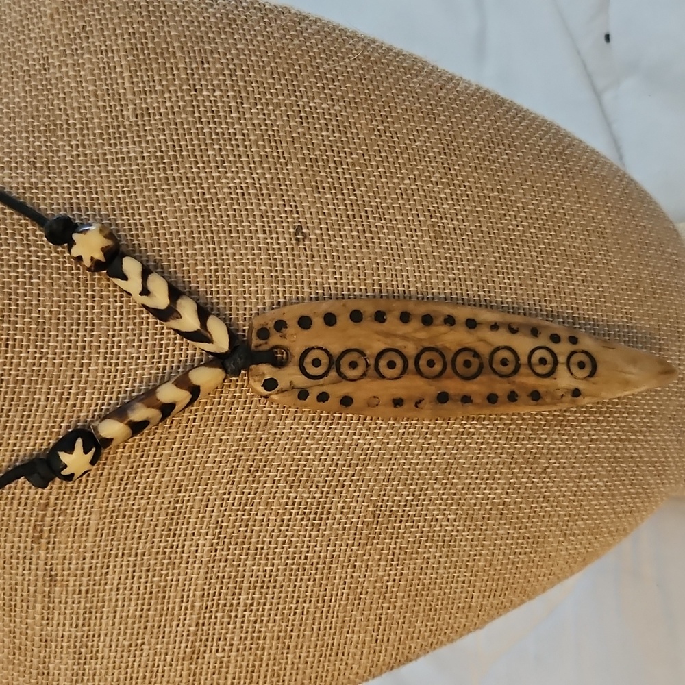 Handcrafted Tribal Pendant Necklace Hand carved OOAK bone WAX leather